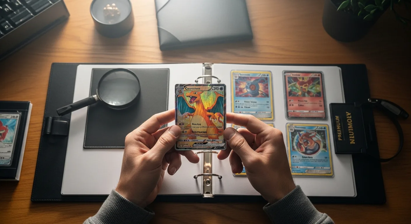 Collectionneur examinant une carte Pokémon rare sous loupe